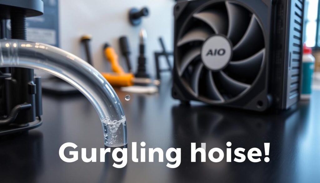A close-up image of a high-quality, modern AIO (All-In-One) water cooler, showcasing its internal components, like the pump and tubing, in a professional setting. The foreground highlights minute details of the tubing bends, with tiny air bubbles visible in the coolant, emphasizing the gurgling noise issue. In the middle ground, the sleek surface of the AIO unit catches soft, diffused lighting, reflecting a clean and efficient cooling system. The background features a subtly out-of-focus workstation, including tools like a screwdriver and thermal paste, creating a sense of an installation environment. The overall mood is technical and informative, underscoring the importance of proper installation to prevent gurgling sounds. The image should be clear, well-lit, and devoid of any distractions or text overlays.