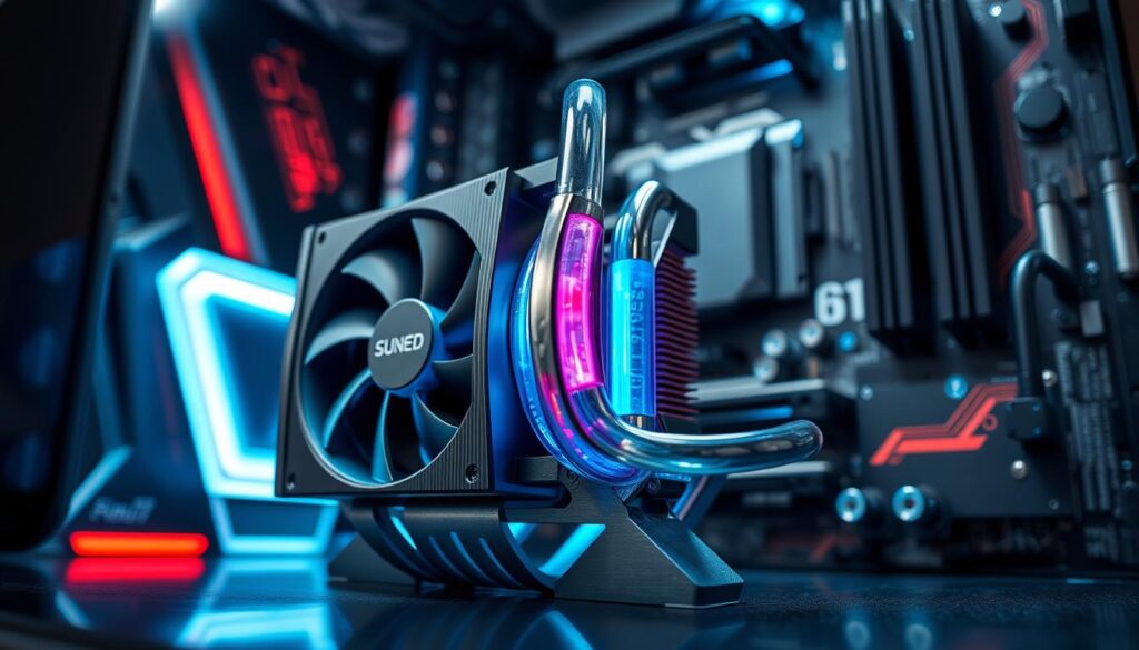 A close-up perspective of a modern CPU cooler, showcasing its intricate design and sleek appearance. The cooler features an elegant liquid cooling system, with a combination of brushed metal and transparent tubing, highlighting the vibrant coolant flowing through it. In the foreground, the cooler is prominently displayed with its mounting bracket, suitable for various CPU sockets. The background includes a blurred, modern motherboard with advanced circuitry, emphasizing the tech-centric atmosphere. Soft, cool lighting reflects off the surfaces, creating a professional, high-tech ambiance. The camera angle is slightly above, capturing the cooler's details and making it the focal point, inviting viewers into the world of high-performance PC building.