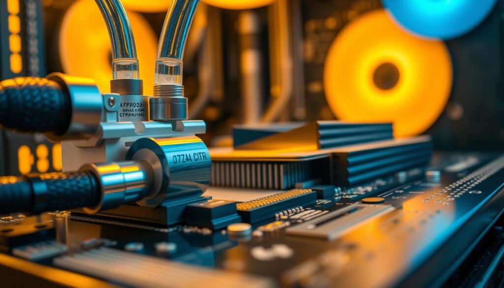 A close-up shot of a liquid cooling CPU system, focusing on the pump assembly. The foreground highlights detailed components: the pump with visible tubing and water flow indicators, along with sleek metallic connectors. In the middle ground, a well-structured motherboard can be seen, showcasing the CPU socket and heat sinks, with subtle reflections emphasizing the cooling liquid's clarity. The background should feature a softly lit PC case, allowing for warm, ambient lighting to create an inviting atmosphere. A slight depth of field effect can be applied to draw attention to the pump functionality. The overall mood is technical and informative, highlighting the importance of checking airflow and pump operation while keeping a clean and professional aesthetic.