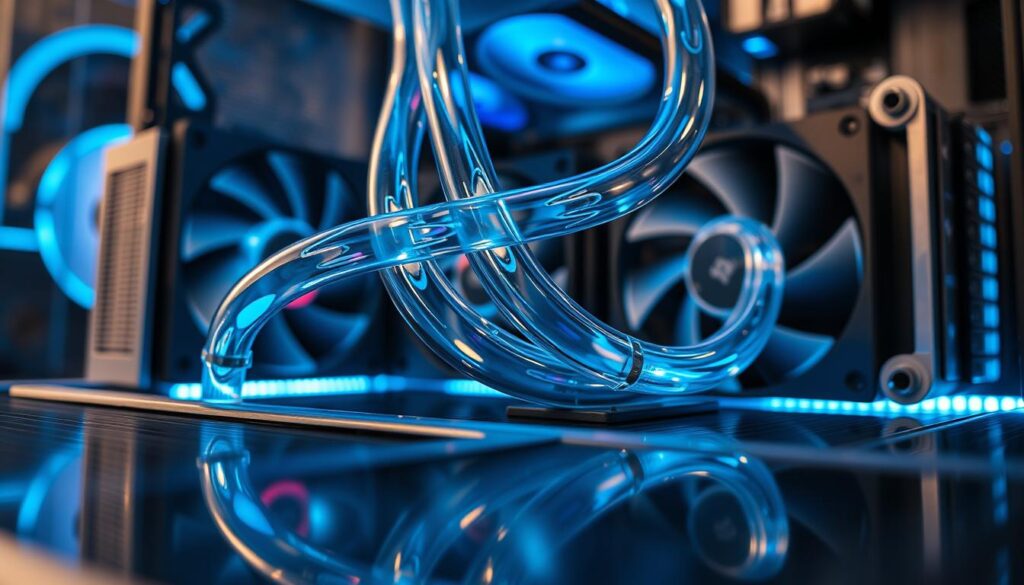 A close-up shot of a modern water cooling system for a PC, showcasing intricately designed tubes filled with vibrant, clear liquid coolant. The foreground features the gleaming metal components of the cooling unit, with reflections highlighting its polished surface. In the middle, the cooling tubes intertwine gracefully, surrounded by synthetic fans and heatsinks that emphasize both function and aesthetics. The background is softly blurred, hinting at a high-tech workstation bathed in cool blue LED lighting, creating a sleek and futuristic atmosphere. The image should capture the essence of advanced liquid cooling technology, focusing on clarity and visual appeal, while ensuring a professional presentation suitable for a technical article.