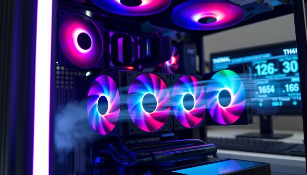 A close-up view of a computer case demonstrating optimal air pressure for cooling efficiency. In the foreground, a high-performance PC with a modern water cooling radiator, showcasing stylish RGB fans that spin vigorously. The middle layer features visible airflow patterns illustrated by subtle smoke or fog to indicate air movement and pressure dynamics. The background has a softly lit workspace with a blurred screen displaying thermal statistics, emphasizing a tech-savvy atmosphere. The lighting is cool and clinical, highlighting the components while casting soft shadows for depth. The entire scene exudes a sense of innovation and high-tech engineering, ideal for showcasing the impact of case air pressure on cooling efficiency.
