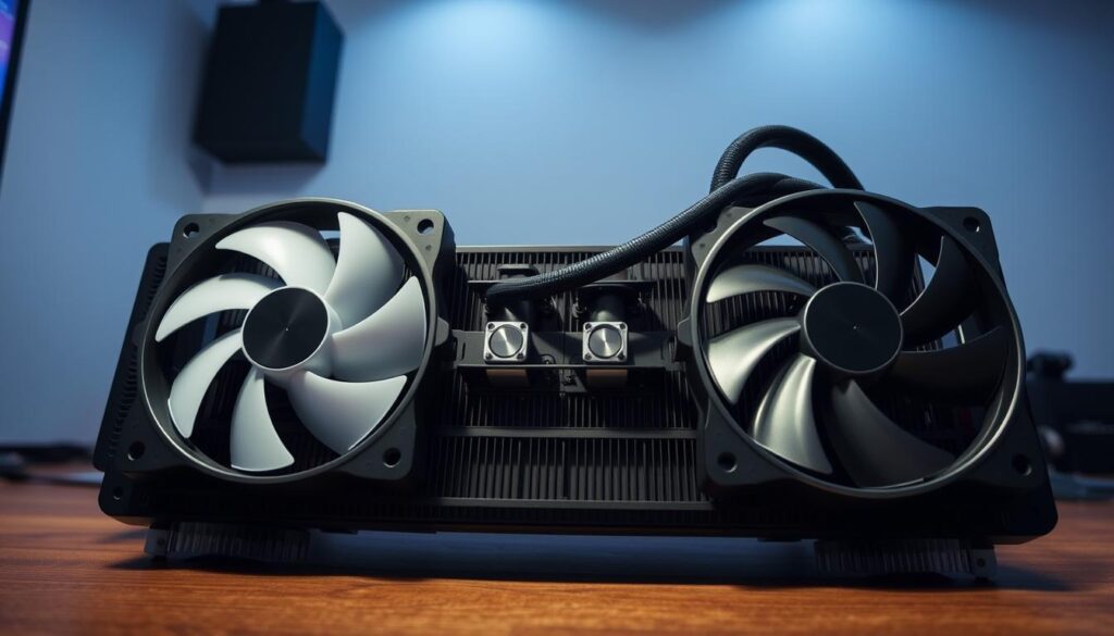 A close-up view of a push-pull fan configuration set up for a water cooling radiator. The foreground features a sleek, modern radiator with two contrasting fan types: one fan positioned to push air through the radiator and the other to pull air out, both showing distinct blade designs. In the middle, the technical components are detailed, with visible tubing connecting the radiator to water cooling pumps, highlighted by subtle reflections of light. The background showcases a clean, minimalist workspace with dim, ambient lighting for a focused atmosphere. The angle is slightly tilted to capture depth, emphasizing the fan efficiency and performance. The image conveys a sense of meticulous engineering and high-tech cooling solutions, perfect for understanding fan configurations.