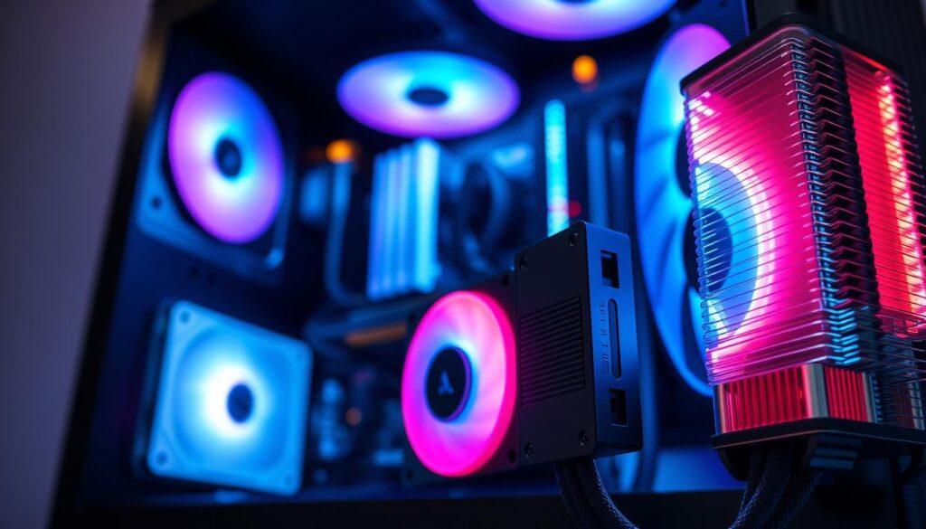 A close-up view of a sleek, modern AIO cooler, prominently displayed in the foreground with vibrant RGB lighting illuminating its components. The cooler features a polished copper radiator and intricately designed water block, showcasing a blend of efficiency and aesthetic appeal. In the middle ground, a high-performance gaming PC chassis is partially visible, reflecting a clean and organized interior with neatly routed cables. In the background, a soft gradient of blue and black tones creates an ambient tech atmosphere, evoking a sense of innovation and modernity. The lighting is bright yet soft, emphasizing the details of the cooler while maintaining a professional look. The angle should be slightly tilted to capture the depth and sophistication of the AIO cooler setup, providing an engaging visual perspective without any text or distractions.