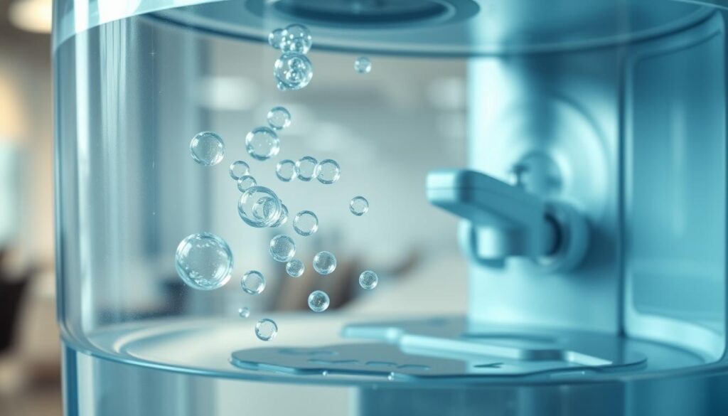 A close-up view of a water cooler with visible air bubbles trapped inside the system. In the foreground, illustrate the water reservoir with a focus on the clear, distorted shapes of the air bubbles rising within the water. In the middle ground, show the spout and controls of the cooler, highlighting a subtle sheen of condensation. The background features an uncluttered office environment with soft lighting to create a calm atmosphere. The composition should have a shallow depth of field, emphasizing the bubbles while softly blurring the background. The overall mood should be one of quiet contemplation, suggesting the exploration of solutions for trapped air issues in water coolers.