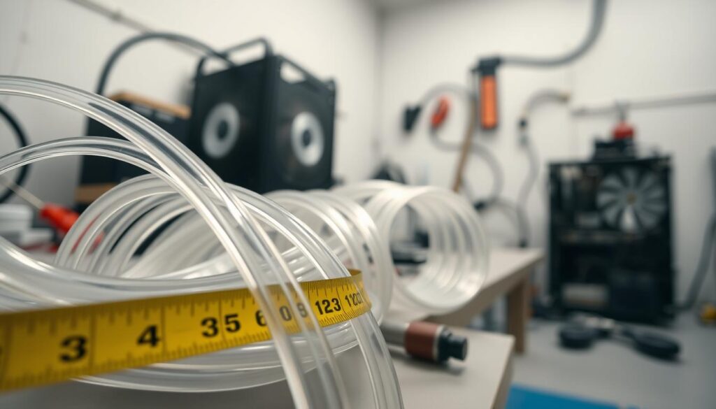 A close-up view of measuring tubing in a well-lit workshop setting, showcasing a variety of clear and colored flexible tubes used in custom PC loops. In the foreground, focus on a measuring tape coiled alongside the tubing, demonstrating precision and attention to detail. The middle ground reveals a clean workbench with a few essential tools like a pair of scissors and clamps, while partially visible PC components are arranged in the background, hinting at a productive build environment. Soft, diffused lighting enhances the clarity of the tubes and tools, creating a professional and industrious mood. The angle is slightly tilted, inviting the viewer into the workspace while maintaining a sense of organization and purpose.