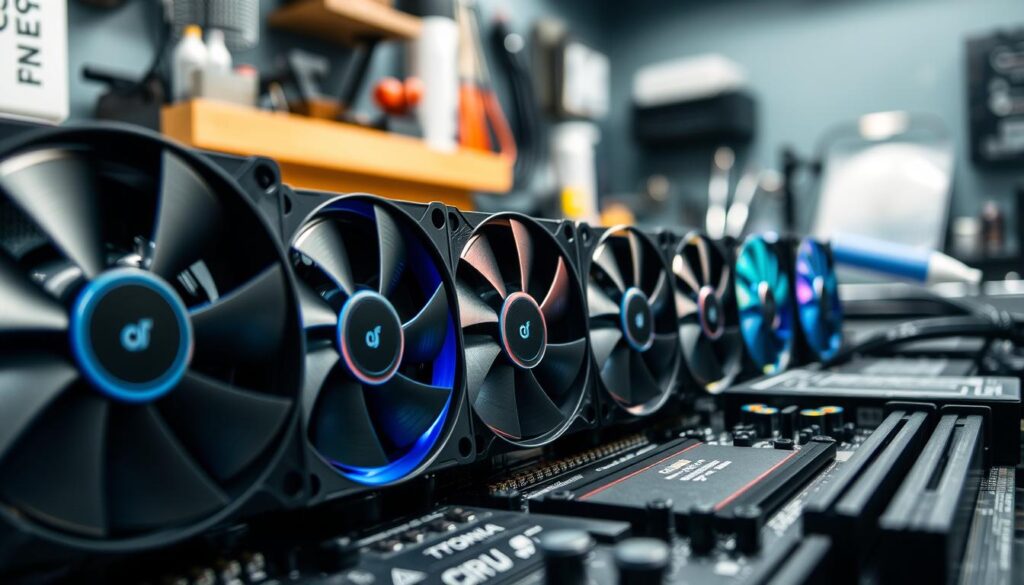 A close-up view of multiple CPU cooling fans arranged in an organized manner on a computer motherboard, highlighting their intricate design and functionality. The foreground features a detailed shot of various types of fans—some with sleek metallic blades, others with RGB lighting—showing the diverse cooling technologies available. In the middle, the motherboard elements, such as the CPU socket and thermal paste application, are visible, indicating the cooling system's connection. The background softly blurs out, showcasing a subtle workshop setting with tools and components, emphasizing a diagnostic atmosphere. The lighting is bright and focused, creating a technical yet inviting ambiance, while the camera angle captures the fans from a slight low perspective, enhancing their importance in the cooling system.