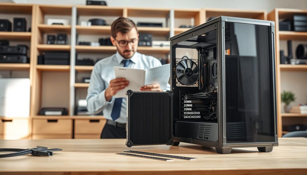 A detailed and organized workspace featuring a PC case being checked for radiator compatibility. In the foreground, focus on a well-lit, modern desktop computer case with its side panel removed, revealing internal components like the motherboard and power supply. A 240mm radiator is positioned nearby, with measuring tools such as a ruler and caliper on the desk. In the middle ground, a professional in business attire is examining the case dimensions critically, while referring to a compatibility guide. The background should have shelves filled with cooling components and cables, softly blurred to emphasize the subject. Use natural lighting to create an informative, analytical atmosphere, with a focal length that captures both the case and the individual’s focused demeanor.
