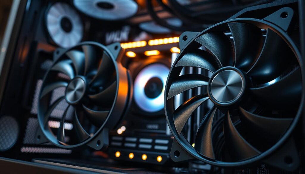 A detailed close-up image of high-performance 360mm water cooler fans, showcasing advanced fan blades designed for noise normalization. In the foreground, focus on two sleek, modern fans with a blend of black and silver accents, spinning gently to show motion. In the middle ground, highlight a water cooling radiator with subtle LED lighting illuminating the fans, creating a cool, tech-savvy atmosphere. The background features a softly blurred computer chassis to emphasize the fans' role in thermal performance. Use dramatic lighting to highlight the fan contours and reflectiveness of the materials, shot from a low angle to enhance the tech aesthetic. The mood should convey innovation and efficiency in cooling solutions, making it visually striking yet professional.