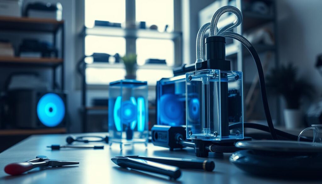 A detailed close-up of a custom PC water cooling pump system on a clean workbench. In the foreground, showcase a neatly arranged pump, featuring intricate tubing, clear acrylic reservoir, and RGB lighting reflecting a cool blue hue. The middle ground includes tools like pliers and a funnel, emphasizing a maintenance setup. In the background, softly blurred, a dimly lit workspace with shelves holding water cooling components adds depth. Natural light streams in from a nearby window, casting gentle shadows that create a focused atmosphere. The mood is precise and technical, highlighting the importance of safety and care in maintenance procedures.