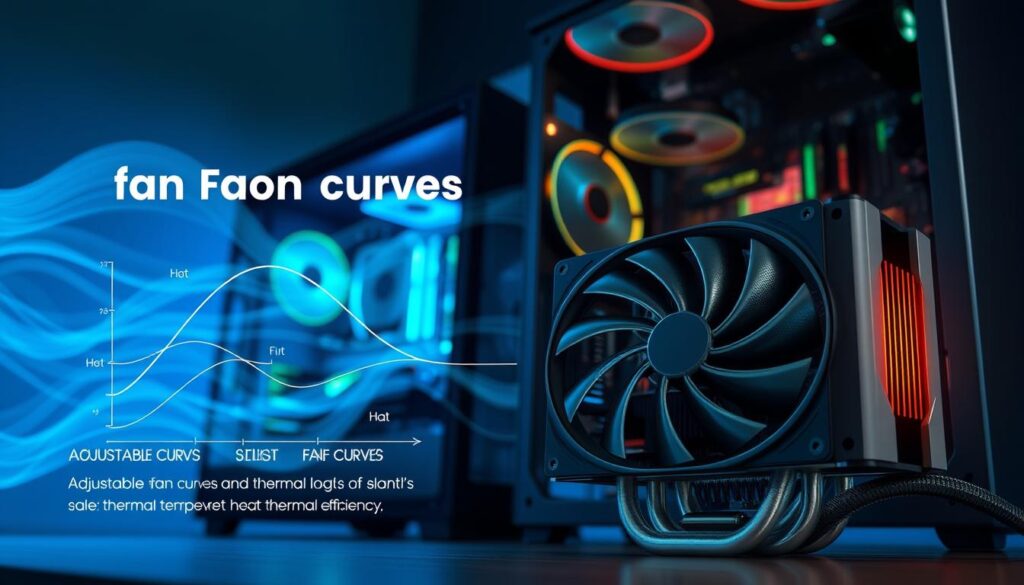 A detailed illustration depicting the concept of balancing fan curves and thermal loads in a modern PC cooling system. In the foreground, showcase a high-quality AIO liquid cooler with sleek, silent fans, highlighting adjustable fan curves illustrated with graphical curves and thermodynamics symbols. In the middle ground, a stylish PC case displays the components, creating an interplay of heat and airflow with visible temperature gauges. The background features an abstract representation of thermal loads, with flowing digital lines signifying air movement and thermal efficiency. Subtle blue and green lighting creates a cool, high-tech atmosphere, while a shallow depth of field adds focus to the cooler. The angle captures the complexity of the setup, conveying a sense of innovation and engineering precision.
