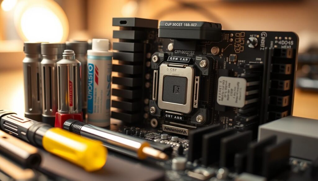 A detailed view of a CPU socket on a motherboard, showcasing various CPU models and their corresponding socket types positioned beside it for comparison. In the foreground, focus on a well-organized toolkit containing essential installation tools such as a screwdriver, thermal paste, and cleaning cloth, all arranged neatly. The middle ground features a close-up of the motherboard's socket, with distinct labels indicating compatibility requirements. The background includes a softly lit workbench setting, enhanced by warm, diffused lighting to create an inviting atmosphere. The image should be captured from a slightly elevated angle to provide depth, emphasizing the clarity of the components while maintaining a clean and professional aesthetic.