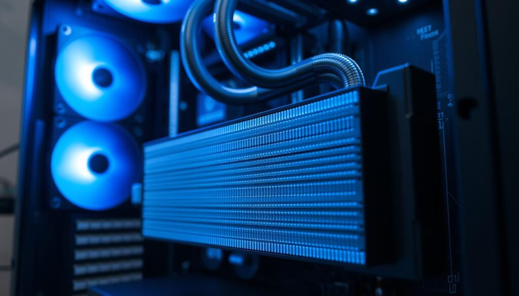 A detailed view of a front mounted radiator system installed in a computer case, showcasing the radiator’s fins and tubes for optimal airflow. In the foreground, focus on the radiator with visible tubing connecting to the cooling components, illuminated by soft LED lighting in blue and white. The middle ground features the interior of a high-end PC setup, emphasizing efficient airflow direction. In the background, blurred components like a motherboard and graphic card add context without distraction. Capture the scene from a slightly elevated angle to enhance depth, creating a mood of technological sophistication and performance. The lighting should be cool and sleek, conveying a sense of advanced engineering and innovation in cooling solutions.