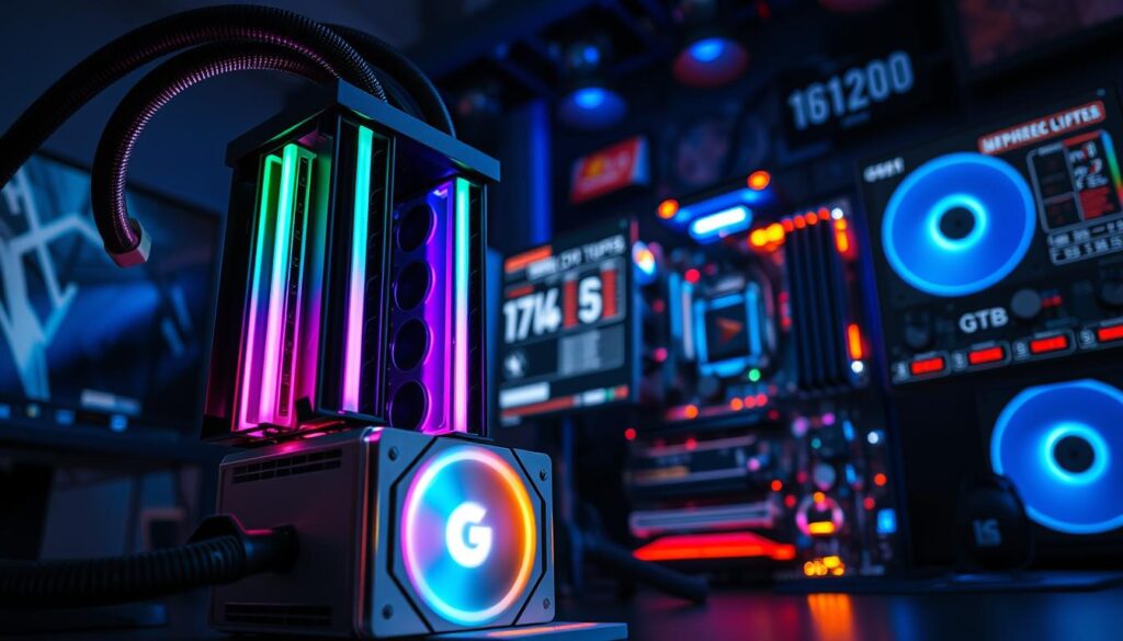 A high-tech scene illustrating a powerful CPU being overclocked in a modern, illuminated gaming setup. In the foreground, a sleek, polished AIO water cooler, with vibrant RGB lighting, sits atop an oversized CPU, showcasing its intricate tubing and cooling components. In the middle, a close-up of a high-performance motherboard with detailed circuitry and components, radiating a soft blue light, signifies crucial connections for successful overclocking. In the background, blurred monitors display system metrics and temperatures, creating a dynamic atmosphere of performance tuning. The setting is a dimly lit gaming room, enhancing the focus on the equipment while conveying a sense of excitement and innovation. The angle is slightly tilted downward, capturing both the water cooler and motherboard in detail, while maintaining a professional tone.