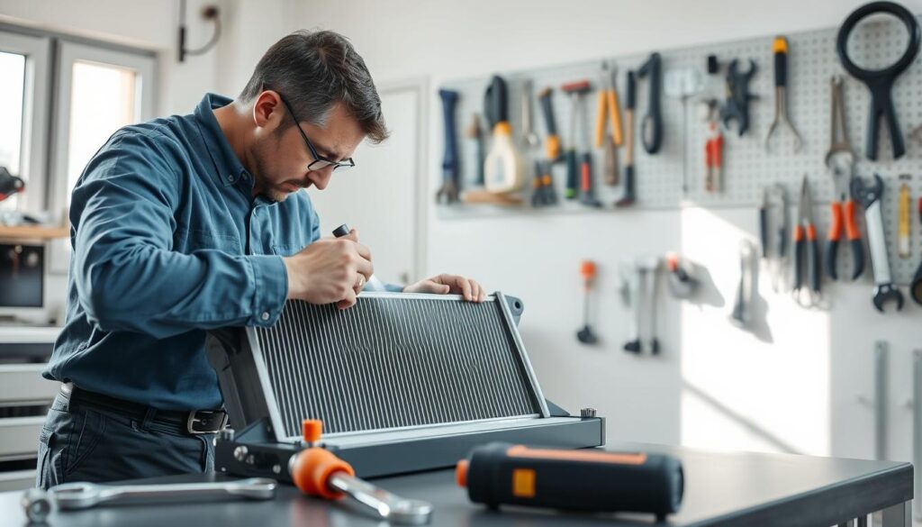 A professional automotive technician in a clean, well-lit garage environment is closely inspecting a metallic radiator on a computer cooling system. The technician, dressed in a blue work shirt and dark pants, uses a flashlight to examine the lower section of the radiator for any signs of coolant leaks. In the foreground, tools like a wrench and a coolant tester are neatly arranged on a workbench. The background features a wall-mounted pegboard with various tools and equipment, enhancing the sense of an organized workspace. Soft, natural daylight filters through a nearby window, casting gentle shadows and creating a focused, purpose-driven atmosphere that conveys the importance of thorough inspection in automotive maintenance.