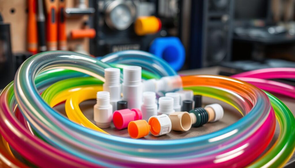 A realistic depiction of soft tubing used in custom PC liquid cooling, featuring various colorful PVC tubing in a clear, organized layout. In the foreground, showcase a close-up of the flexible tubes coiling smoothly, with light reflecting off their glossy surfaces, emphasizing their translucent quality. In the middle, display a selection of fittings and adapters designed for soft tubing, artistically arranged to illustrate compatibility. The background should consist of a blurred workbench, with tools and components used for PC building subtly hinted at, creating a workshop atmosphere. Soft, warm lighting illuminates the scene, highlighting the vibrancy of the tubing while casting gentle shadows, evoking a sense of craftsmanship and technical mastery.