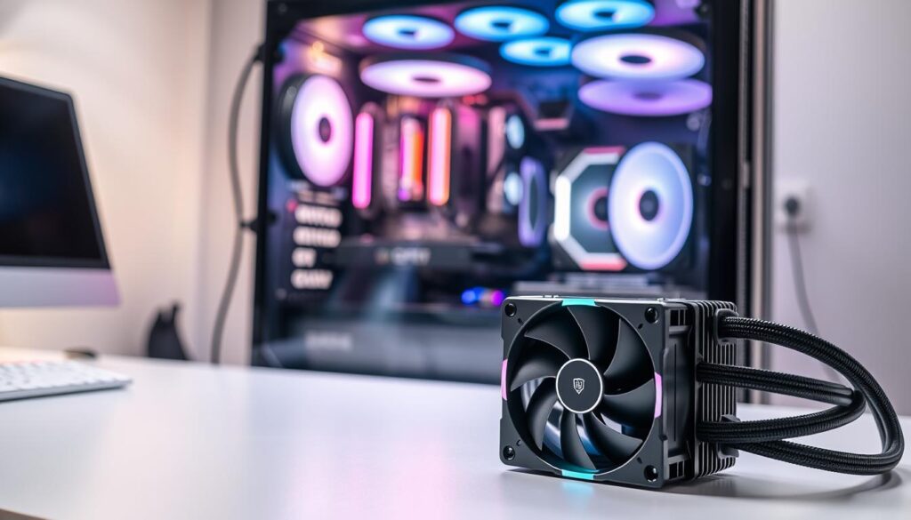 A sleek and modern 240mm AIO liquid cooler showcased prominently in the foreground, featuring a polished black and silver design with illuminated RGB accents. The unit is placed on a clean, white workbench, highlighting its compact dimensions. In the middle ground, a high-end PC case is visible, showcasing the installation of the cooler within its spacious interior, revealing the well-organized RGB lighting and components. In the background, a softly blurred studio setting with ambient lighting creates a serene atmosphere, ideal for silent PC builds. The scene is captured with a shallow depth of field using a wide-angle lens, emphasizing the cooler's details while maintaining a professional and tranquil mood. No text or additional elements are included, allowing the focus to remain solely on the cooling solution.