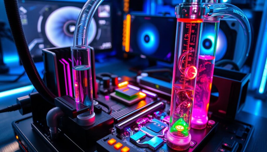 A visually striking image illustrating the concept of "water cooling" for computer systems. In the foreground, showcase a sleek liquid cooling system with clear tubes filled with vibrant colored coolant, surrounded by metallic components and RGB lighting effects. The middle ground features a motherboard integrating various sensors and cooling solutions, emphasizing advanced technology. In the background, create a blurred depiction of a high-end gaming setup with a subtle glow from the monitors. The lighting should be cool and blue-toned, suggesting a technical atmosphere. Capture the scene from a slightly angled overhead perspective to highlight the intricacies of the cooling system, evoking a sense of innovation and efficiency in cooling solutions.