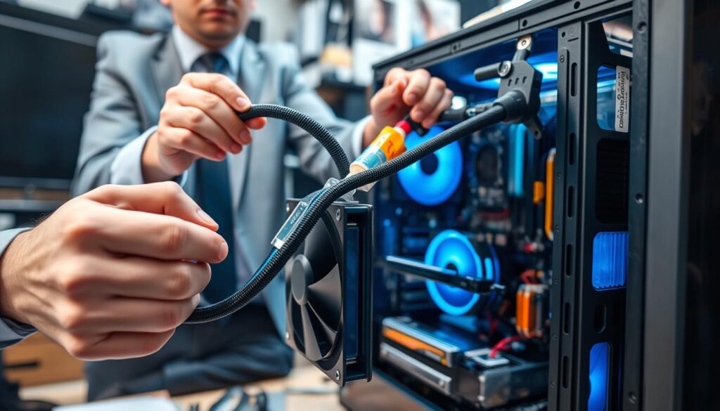 A well-lit cluttered workspace showcasing a person in professional business attire carefully assembling a liquid cooling system for a computer. In the foreground, close-up details of cooling tubes, thermal paste application, and careful adjustments to the radiator mount. The middle ground features an open computer case with various components arranged neatly, illustrating good organization. The background shows a blurred collection of PC building tools and manuals, emphasizing a diligent setup environment. Soft diffused lighting enhances the clarity, with a slight focus on the person's hands, capturing the concentration and precision needed during setup. The overall mood conveys diligence and expertise, highlighting the importance of avoiding errors during the cooling system installation process.