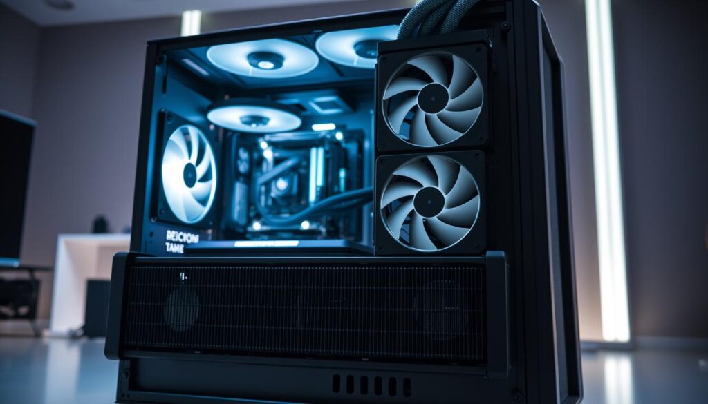 An optimized PC case showcasing a 240mm and 360mm radiator configuration, prominently displayed in the foreground. The scene captures the intricate design of the radiators and cooling fans, emphasizing their placement for optimal airflow. The middle ground features a sleek, modern PC case with transparent panels revealing the internal components, showcasing meticulous cable management and airflow channels. In the background, soft ambient lighting enhances the technical details, highlighting a clean, organized workspace. The atmosphere is professional and high-tech, ideal for enthusiasts. The camera angle is slightly above eye level, showcasing the radiators and their strategic orientation. The overall mood conveys a sense of innovation and efficiency in PC building.