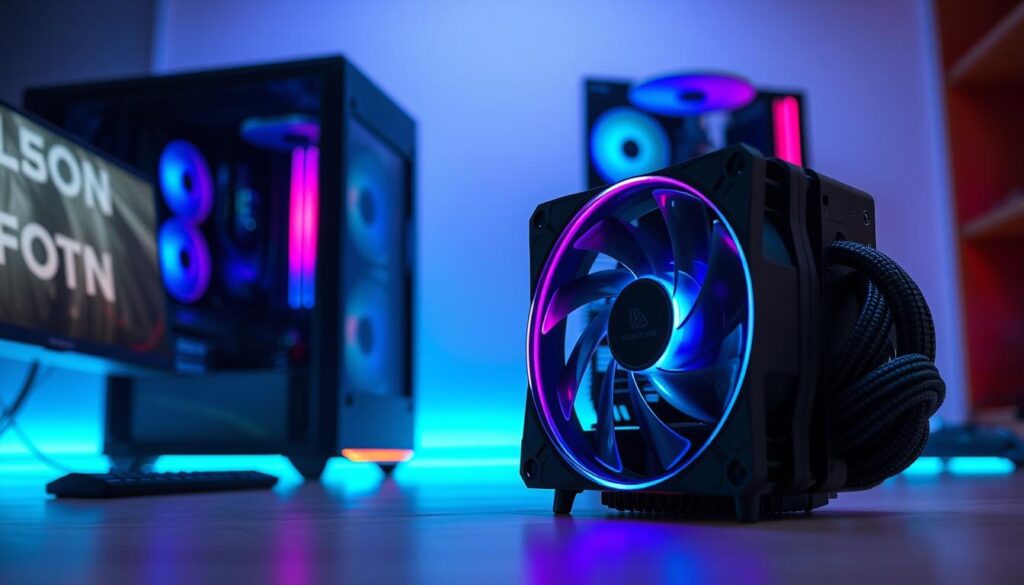 a highly detailed 120mm liquid CPU cooler, elegantly designed with a sleek aluminum radiator and vibrant RGB lighting, positioned prominently in the foreground, showcasing a close-up of its intricate tubing and high-quality fan. In the middle, include a subtle tech-inspired desktop setup with a modern PC case partially visible, featuring a transparent side panel that highlights the cooler's aesthetic. The background transitions into a minimalist workspace ambiance with soft blue lighting, creating a cool and professional atmosphere. Use a shallow depth of field to emphasize the cooler while softly blurring the surroundings, captured with a high-resolution lens for crisp detail, evoking a sense of advanced technology and efficient cooling performance.